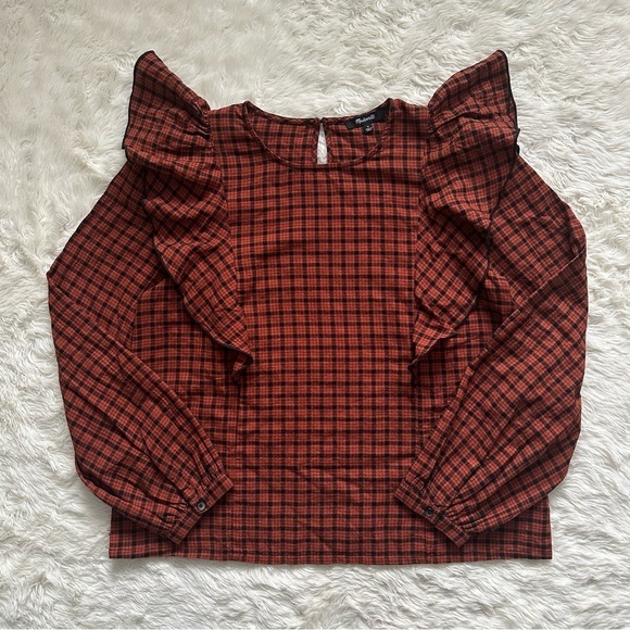 Madewell Blouse Ruffle-Front Top in Plaid Warren Check Faded Rust S - Picture 3 of 13
